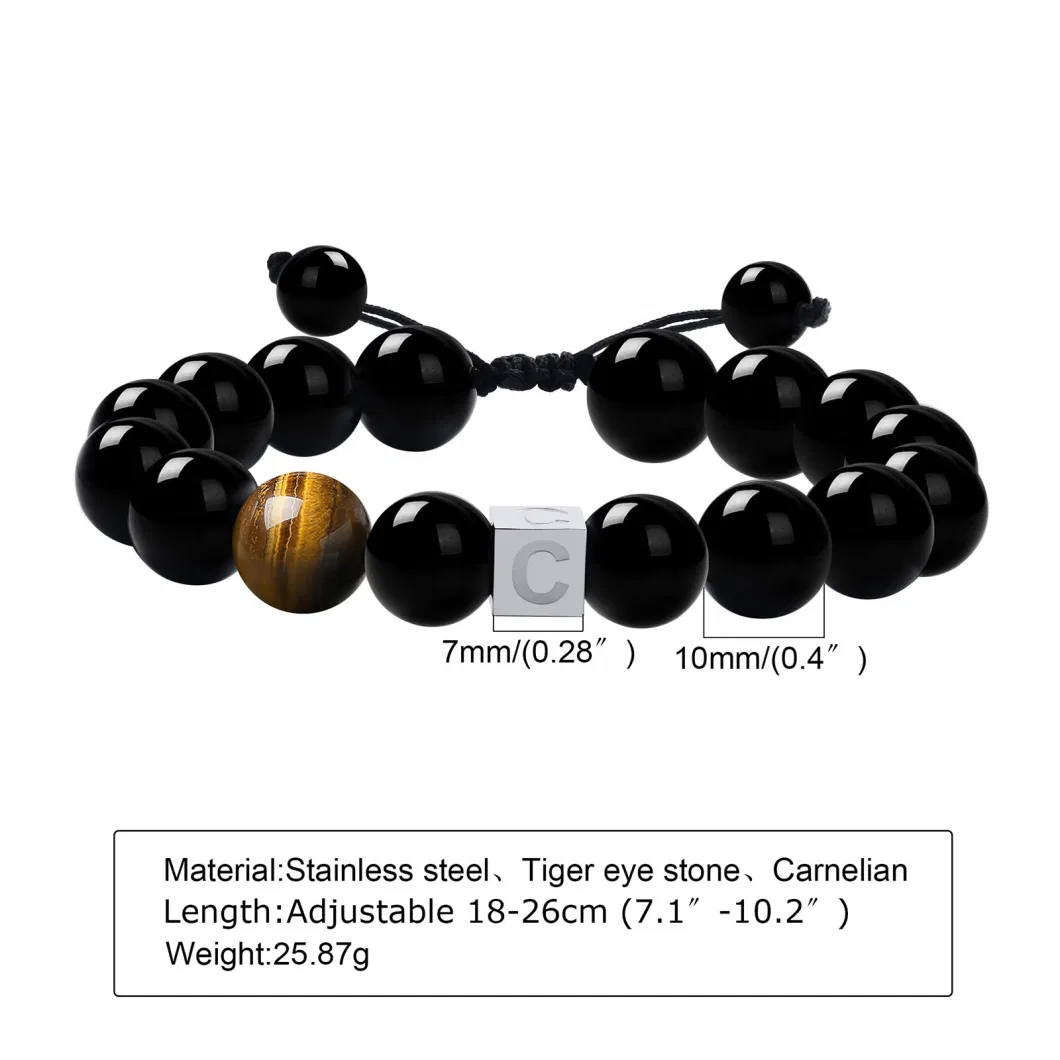 Stainless Steel 26-Letter Tiger Eye Agate Stone Beaded Woven Bracelet for Men