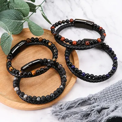 Fashion Black Cowhide Rope Natural Stone Beaded 2